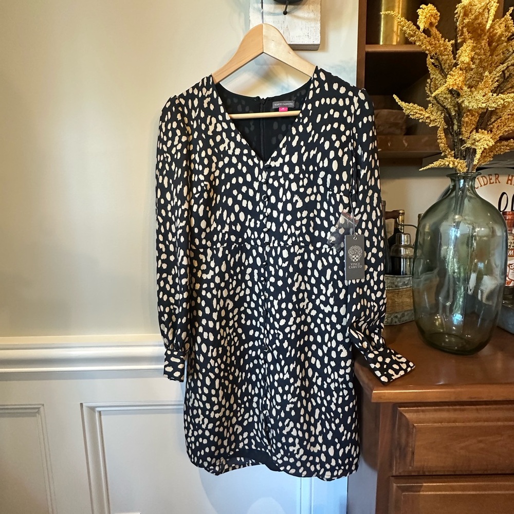 Vince Camuto Mini Dress Womens 4P Black Animal Print V-Neck Long Sleeve Chic NWT